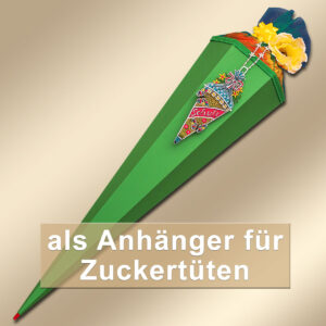 Eine grüne, kegelförmige Geschenktüte, verziert mit Blumen und einem kleineren Kegel. Der Overlay-Text lautet „als Anhänger für Zuckertüten“. Das Bild zeigt ein zusätzliches dekoratives Element für traditionelle Schultüten.